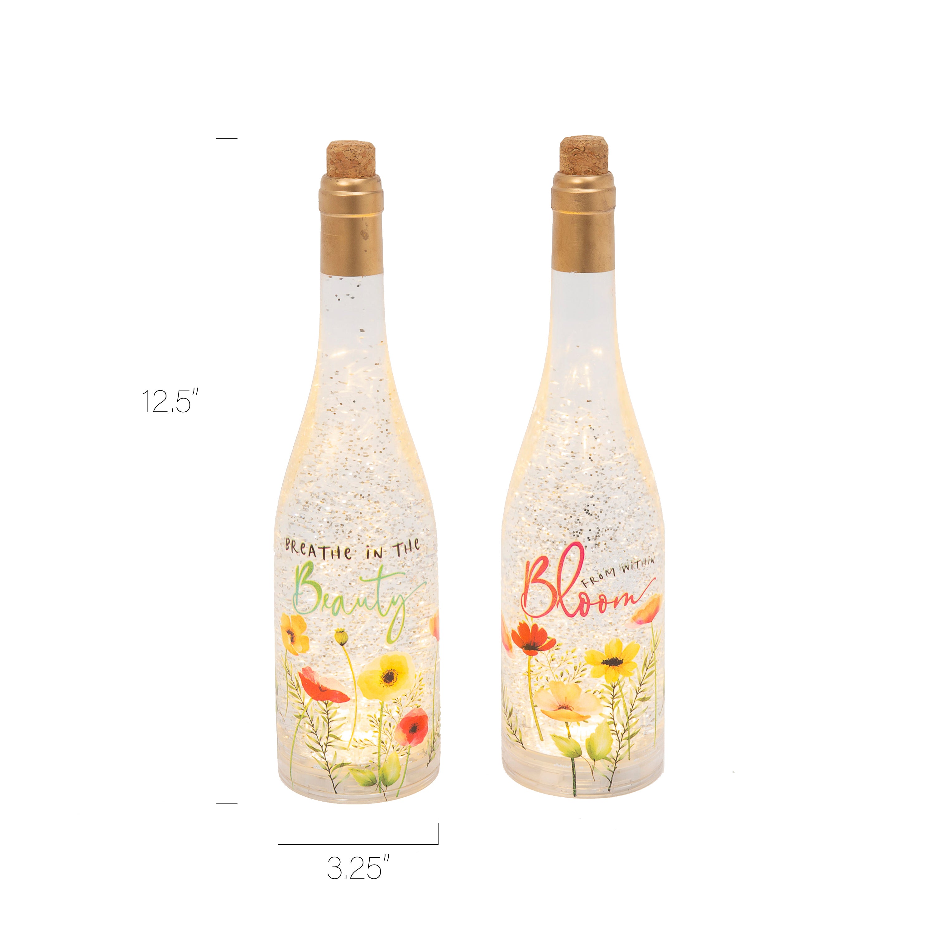12.5 Inch Lighted Spinning Water Globe Bottles with Poppy Flower Design and Timer Set of 2